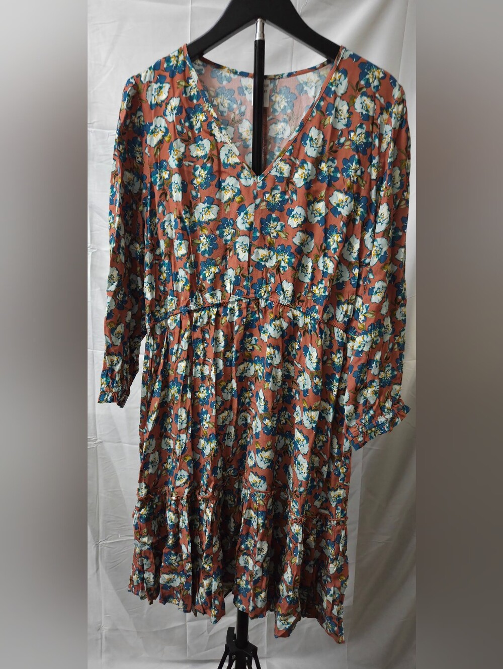 NWT Melrose and Market Floral Tiered Midi Dress Orange Blue Large Boho